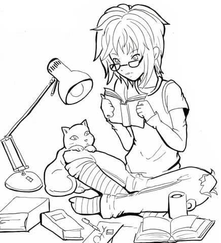 Reading With A Cat Coloring Page